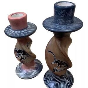 African Hand Carved Twisted Soapstone Candle Holders Elephant Decor Kenya Made